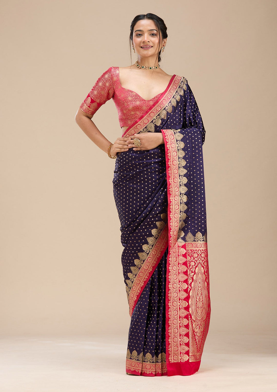 Navy Blue Banarasi Silk Saree-Koskii