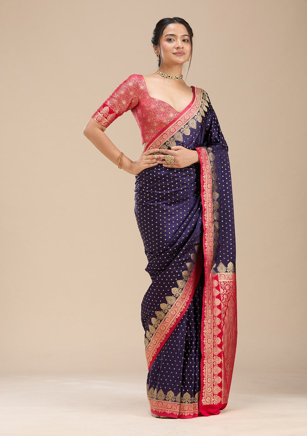 Navy Blue Banarasi Silk Saree-Koskii