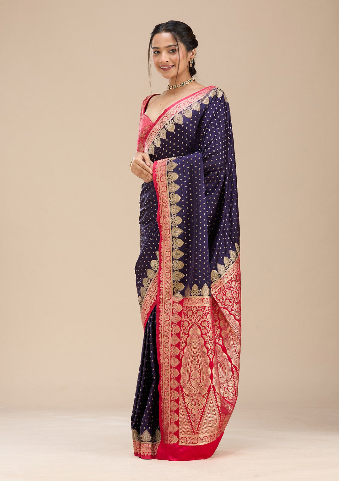Navy Blue Banarasi Silk Saree-Koskii