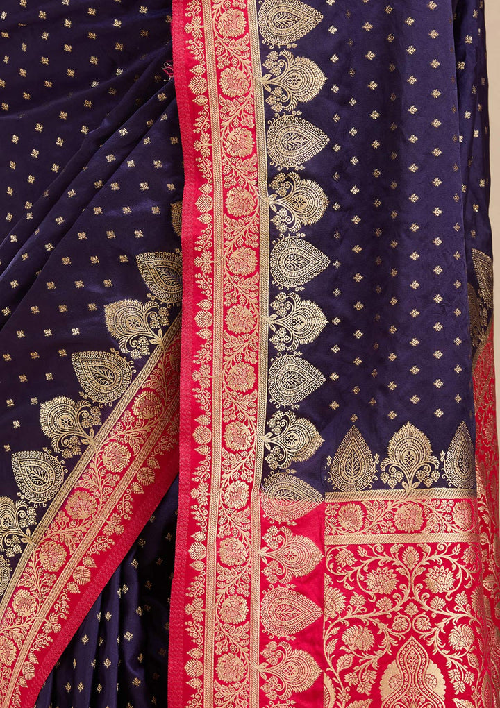 Navy Blue Banarasi Silk Saree-Koskii