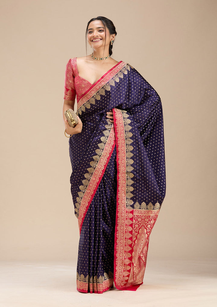 Navy Blue Banarasi Silk Saree-Koskii