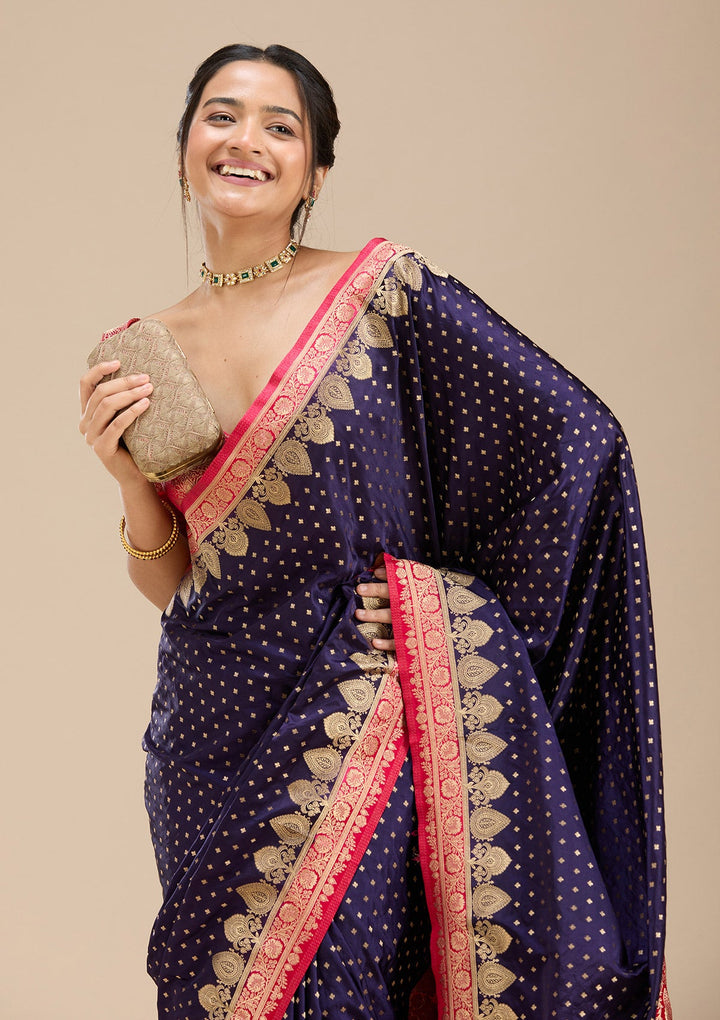 Navy Blue Banarasi Silk Saree-Koskii