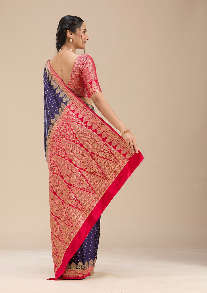Navy Blue Banarasi Silk Saree-Koskii