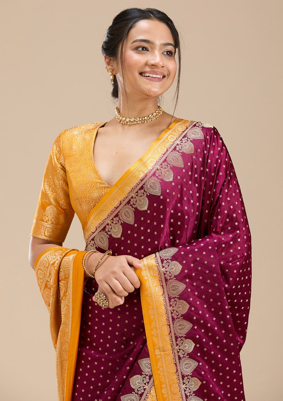 Wine Banarasi Silk Saree-Koskii