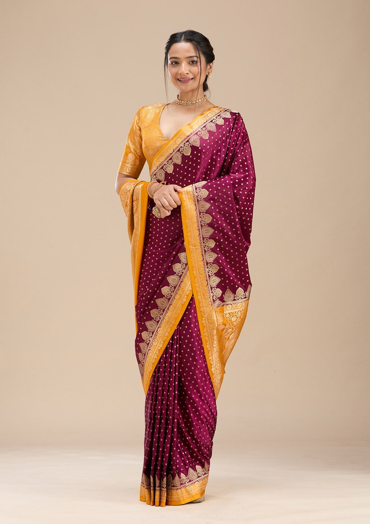 Wine Banarasi Silk Saree-Koskii