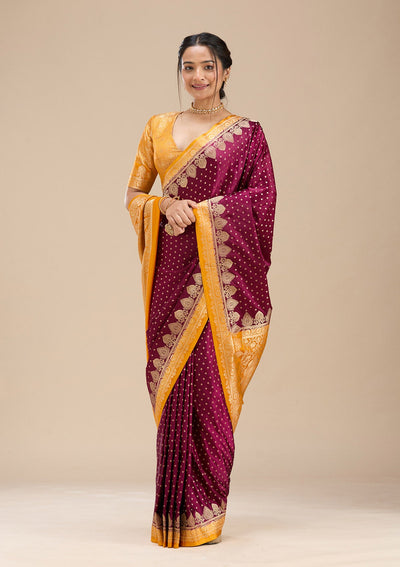 Wine Banarasi Silk Saree-Koskii