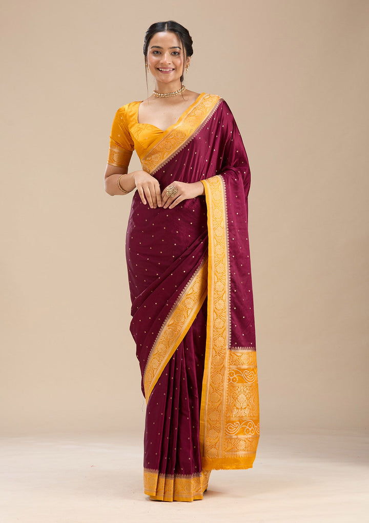 Maroon Banarasi Satin Silk Saree-Koskii