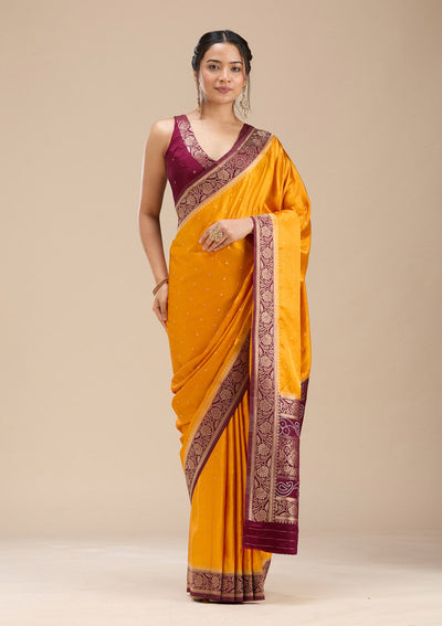 Mustard Banarasi Satin Silk Saree-Koskii