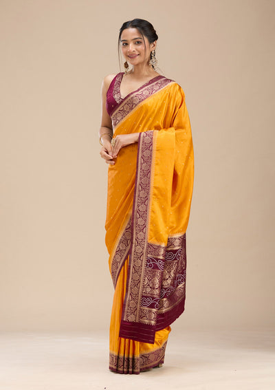 Mustard Banarasi Satin Silk Saree-Koskii
