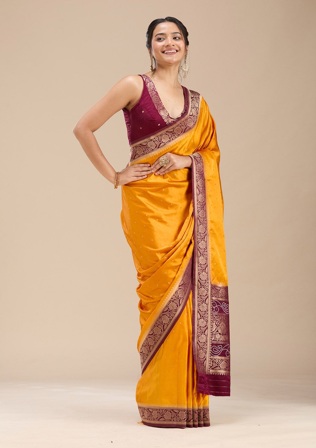 Mustard Banarasi Satin Silk Saree-Koskii