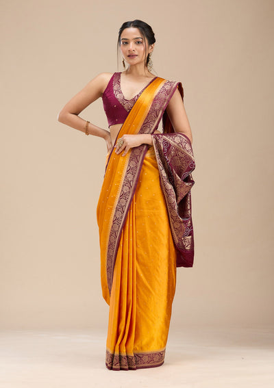 Mustard Banarasi Satin Silk Saree-Koskii