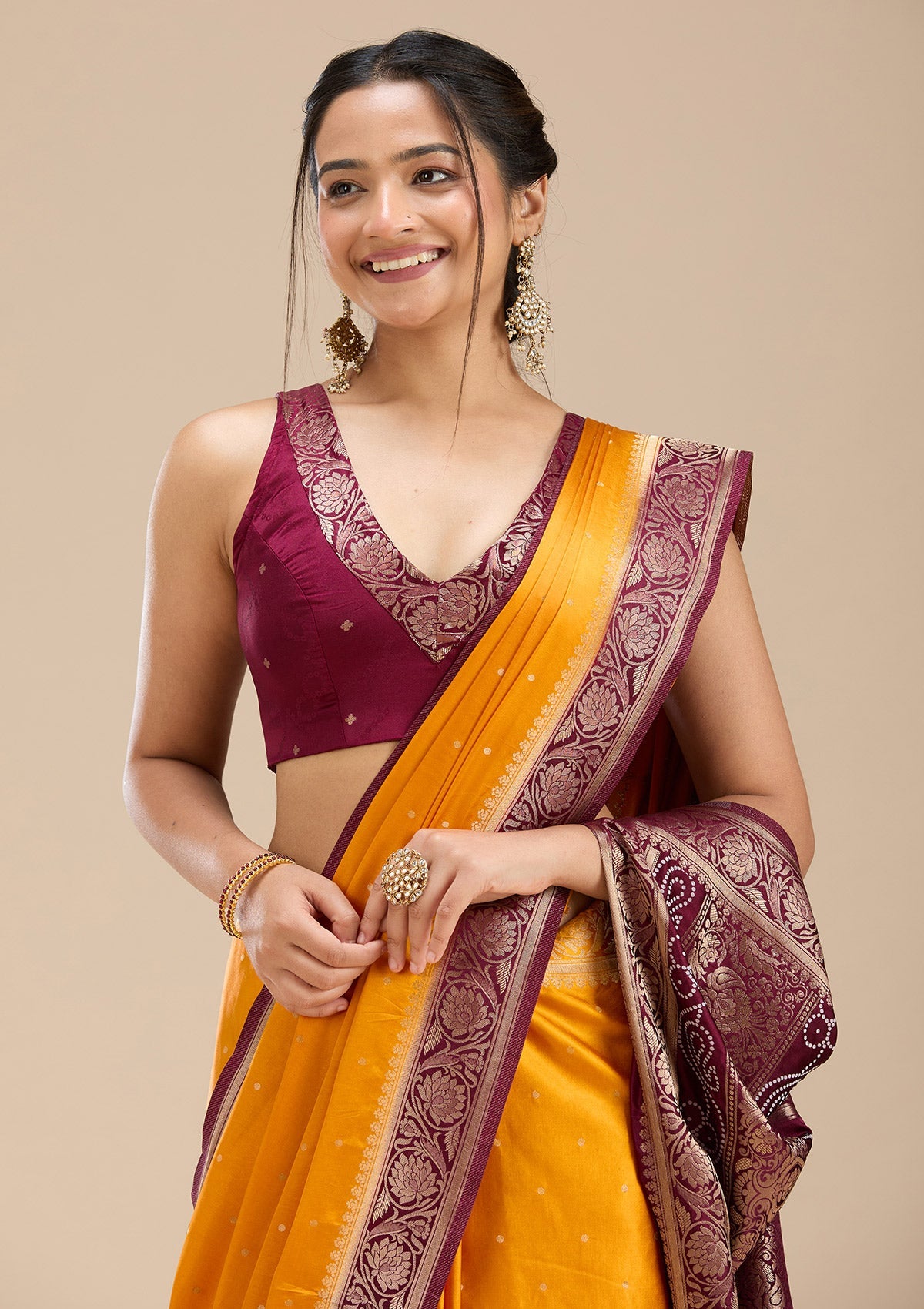 Mustard Banarasi Satin Silk Saree-Koskii