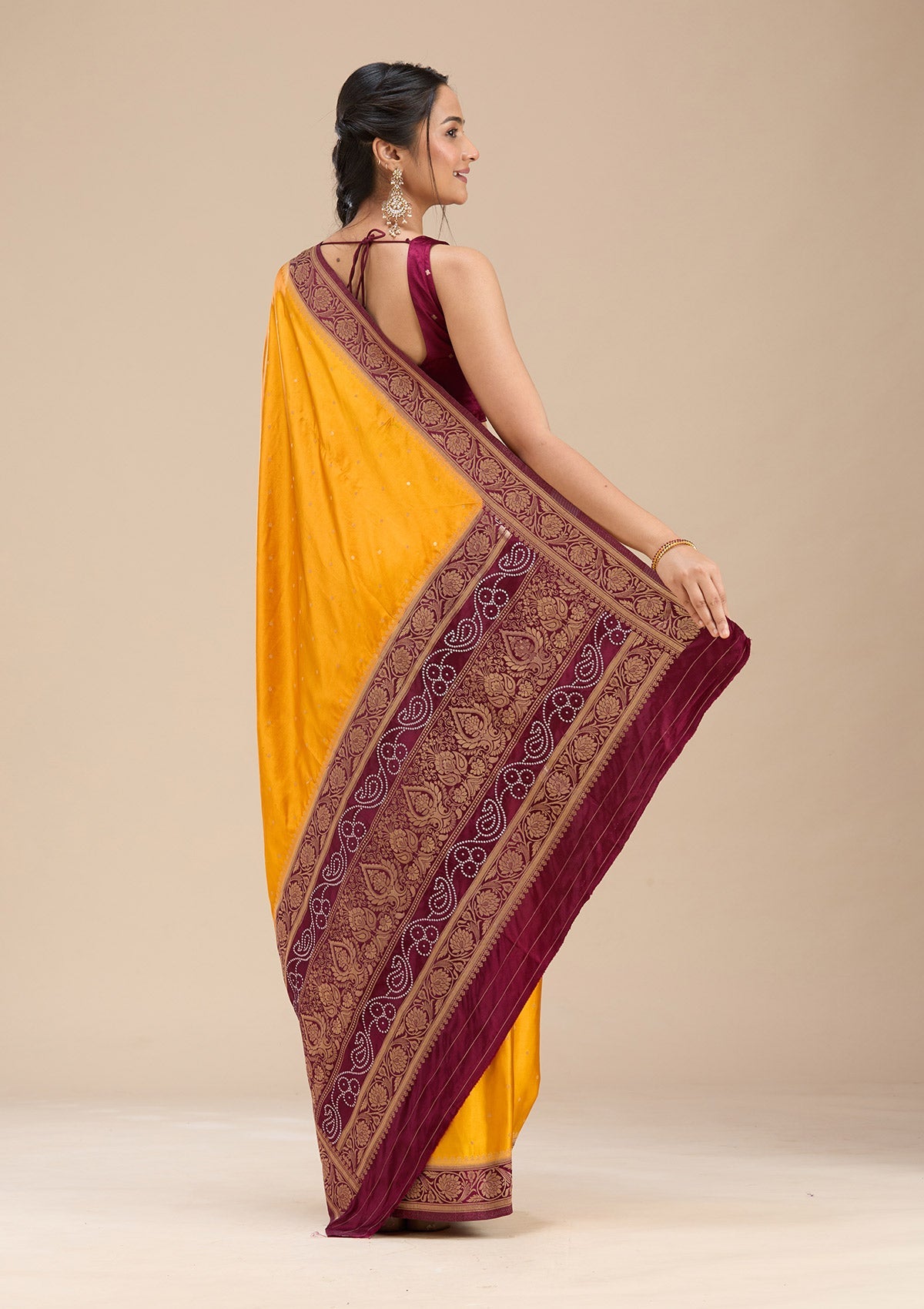 Mustard Banarasi Satin Silk Saree-Koskii