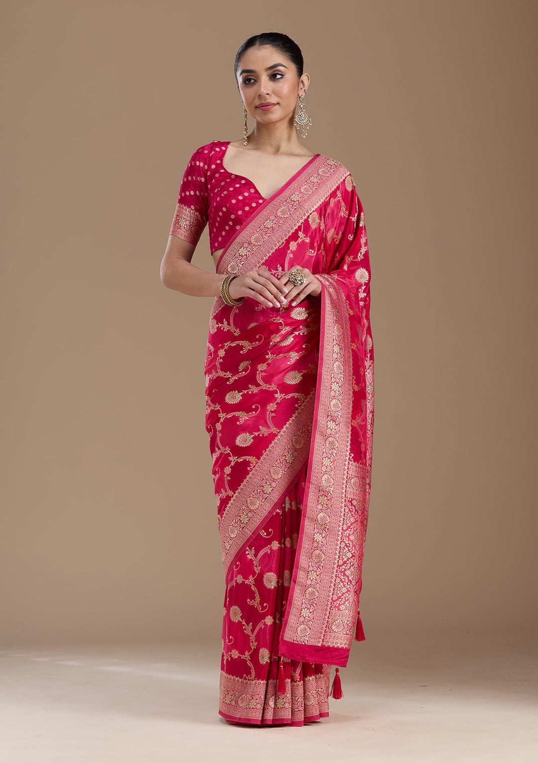 Beige Banarasi Satin Silk_Saree-koskii