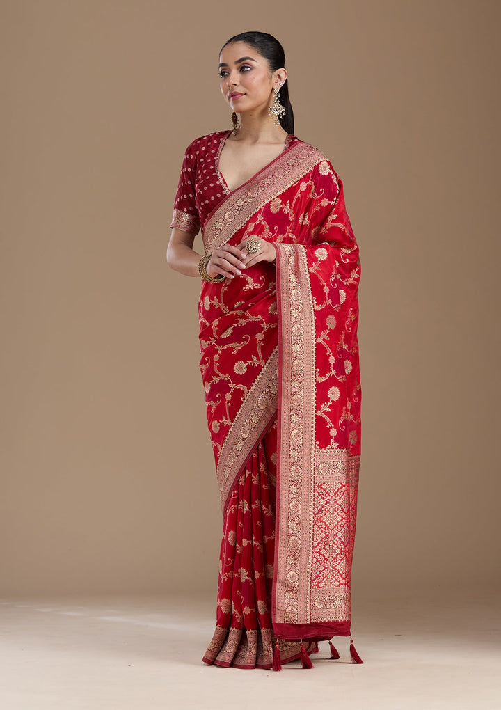 Red Banarasi Satin Silk_Saree-koskii