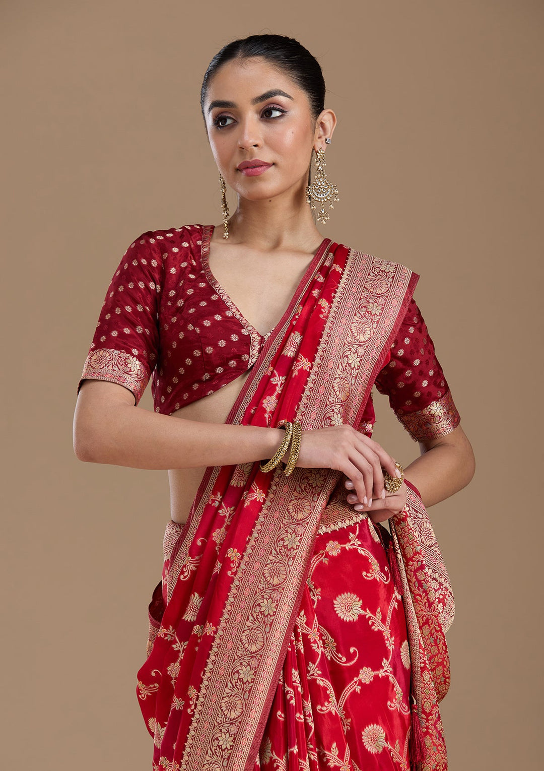 Red Banarasi Satin Silk_Saree-koskii