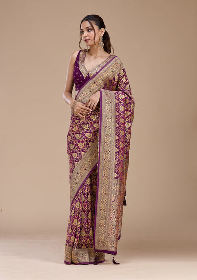 Purple Stonework Silk Saree-koskii