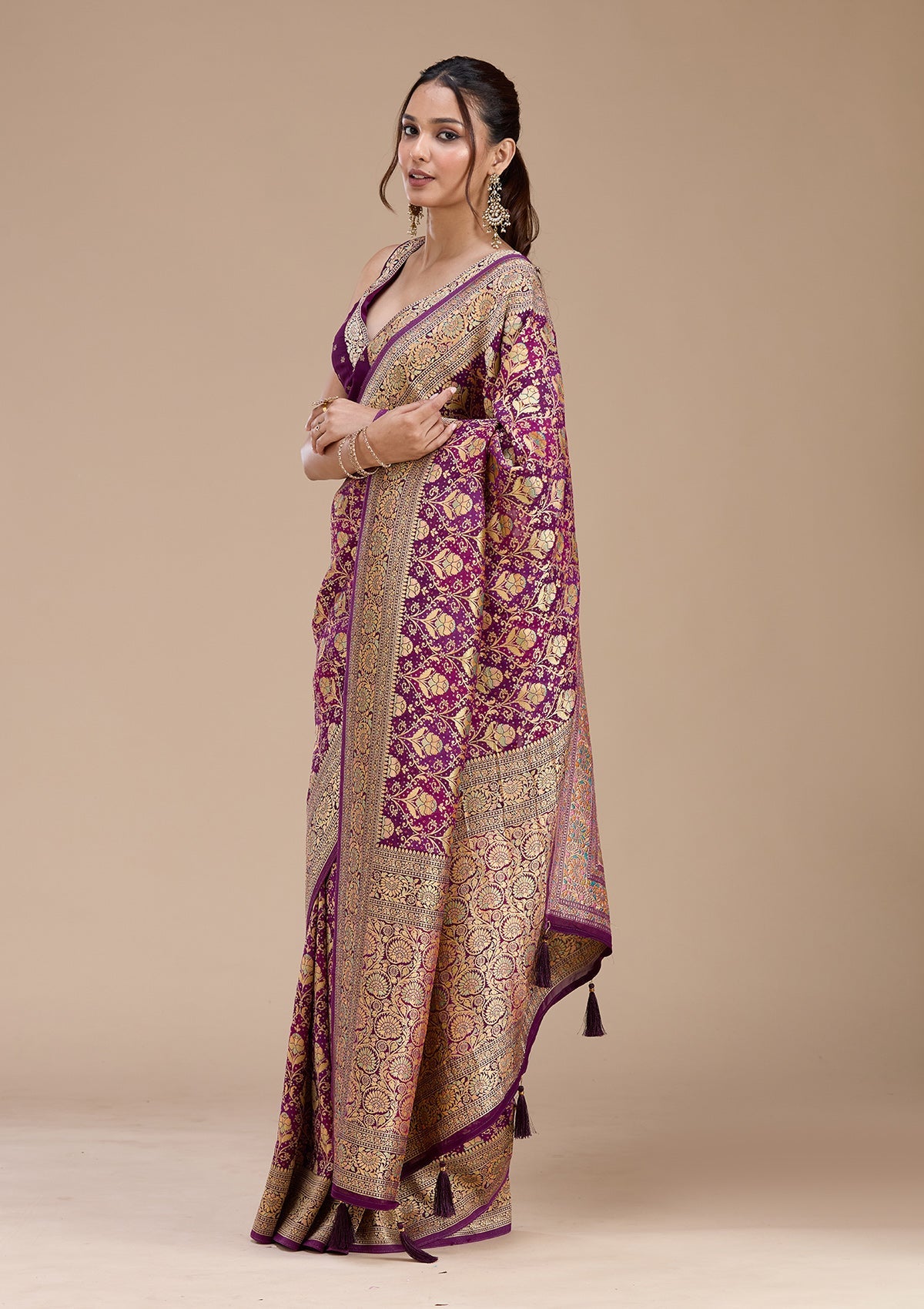 Purple Stonework Silk Saree-koskii