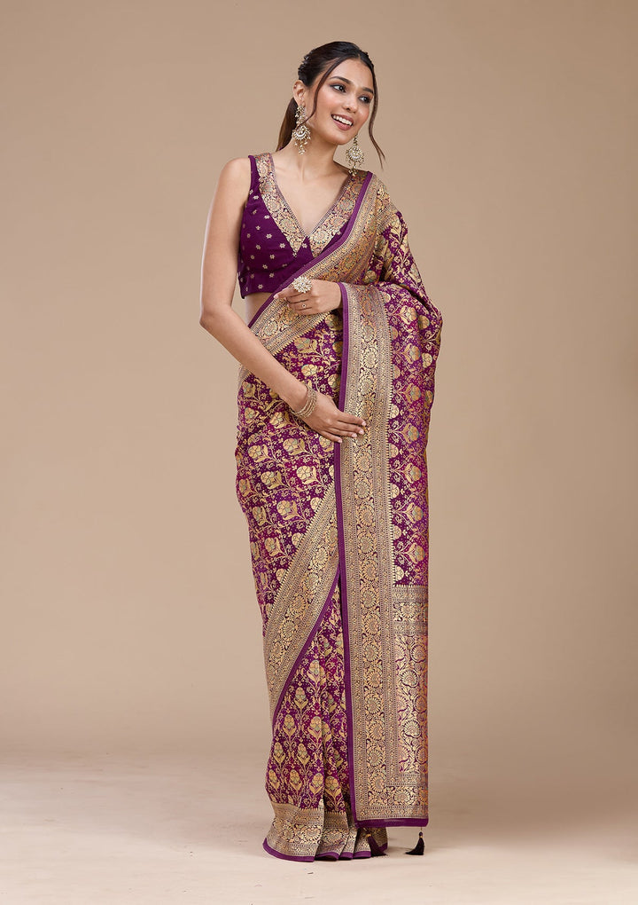 Purple Stonework Silk Saree_koskii