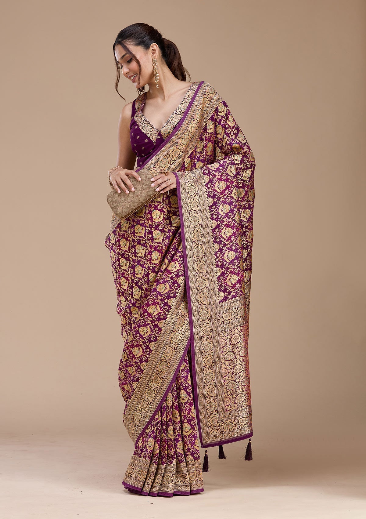 Purple Stonework Silk Saree-koskii