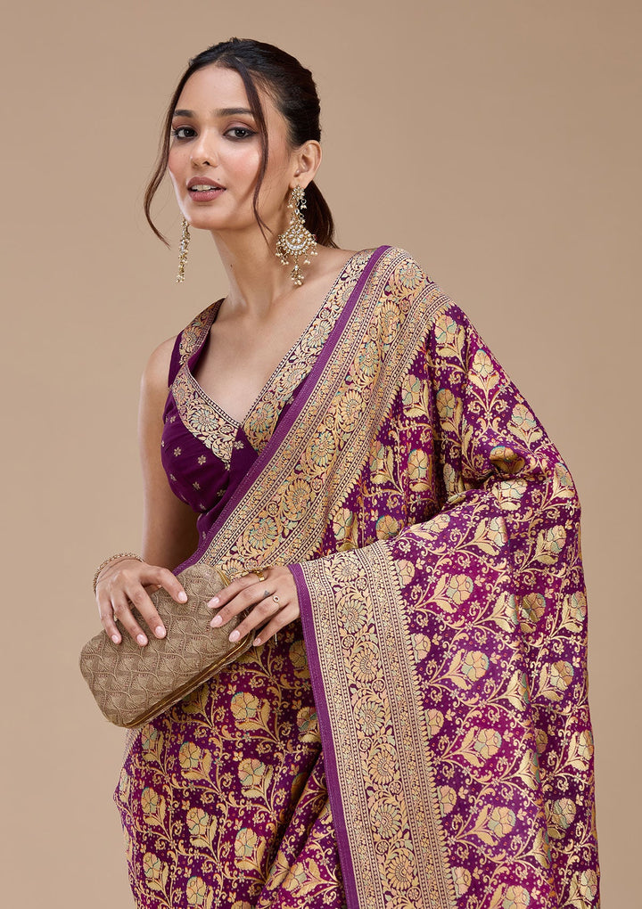 Purple Stonework Silk Saree_koskii
