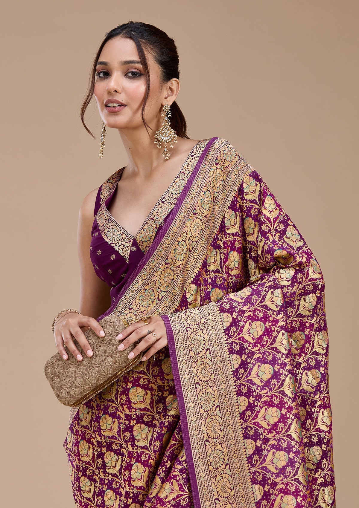 Purple Stonework Silk Saree-koskii