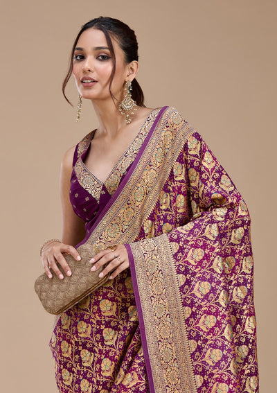 Purple Stonework Silk Saree-koskii