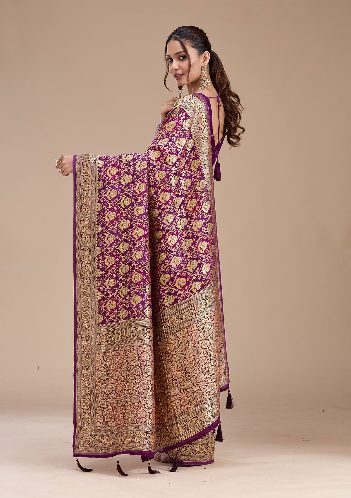 Purple Stonework Silk Saree-koskii