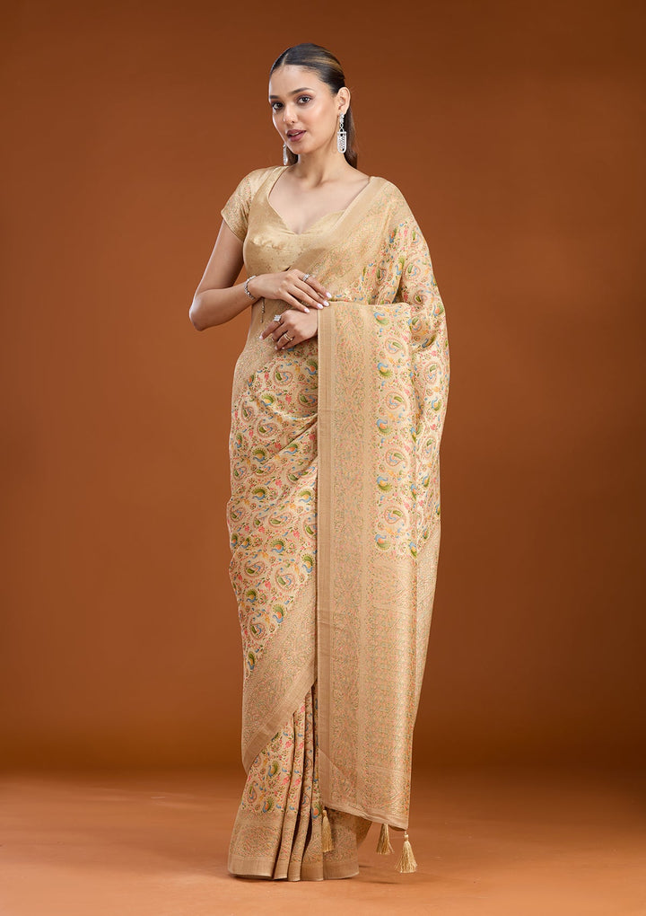 Beige Zariwork (Gold) Art Silk Saree