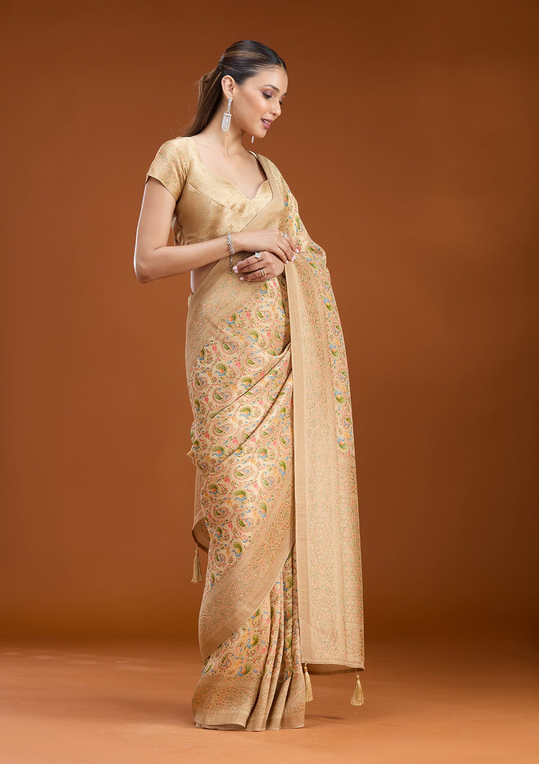 Beige Zariwork (Gold) Art Silk Saree