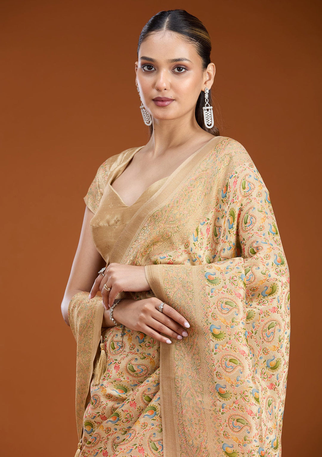 Beige Zariwork (Gold) Art Silk Saree