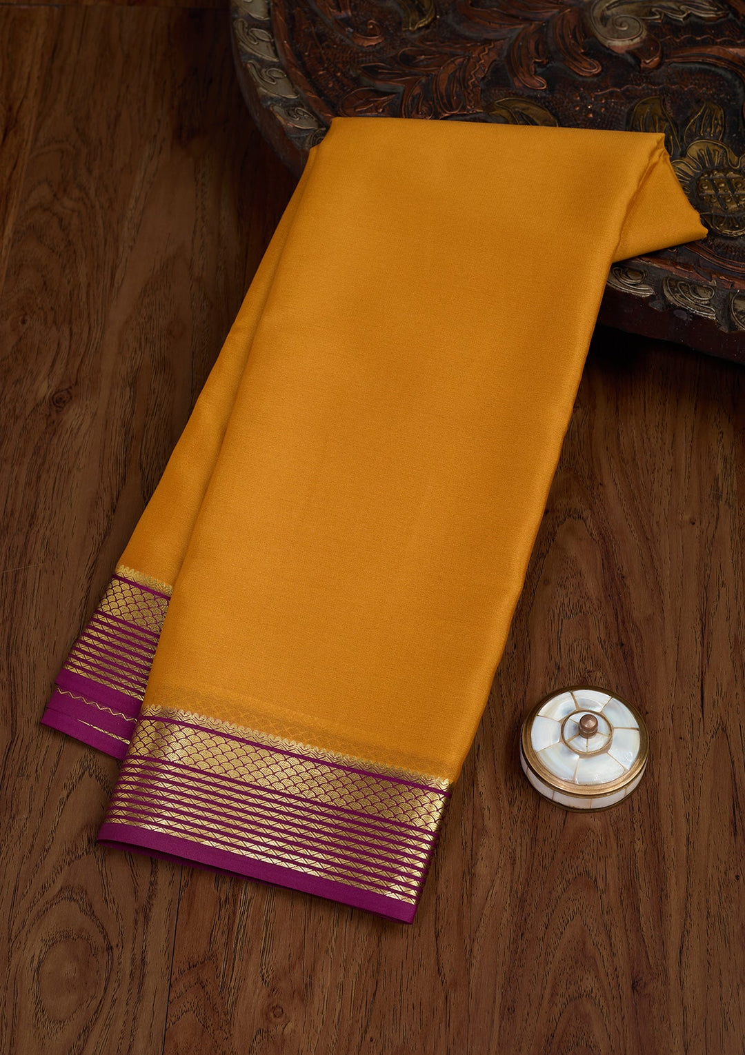 Mustard Zariwork Pure Crepe Silk Saree-Koskii