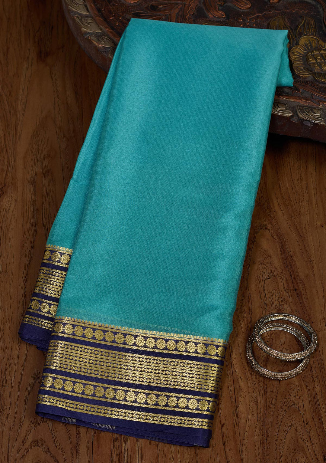 Sky Blue Zariwork Pure Crepe Silk Saree-Koskii