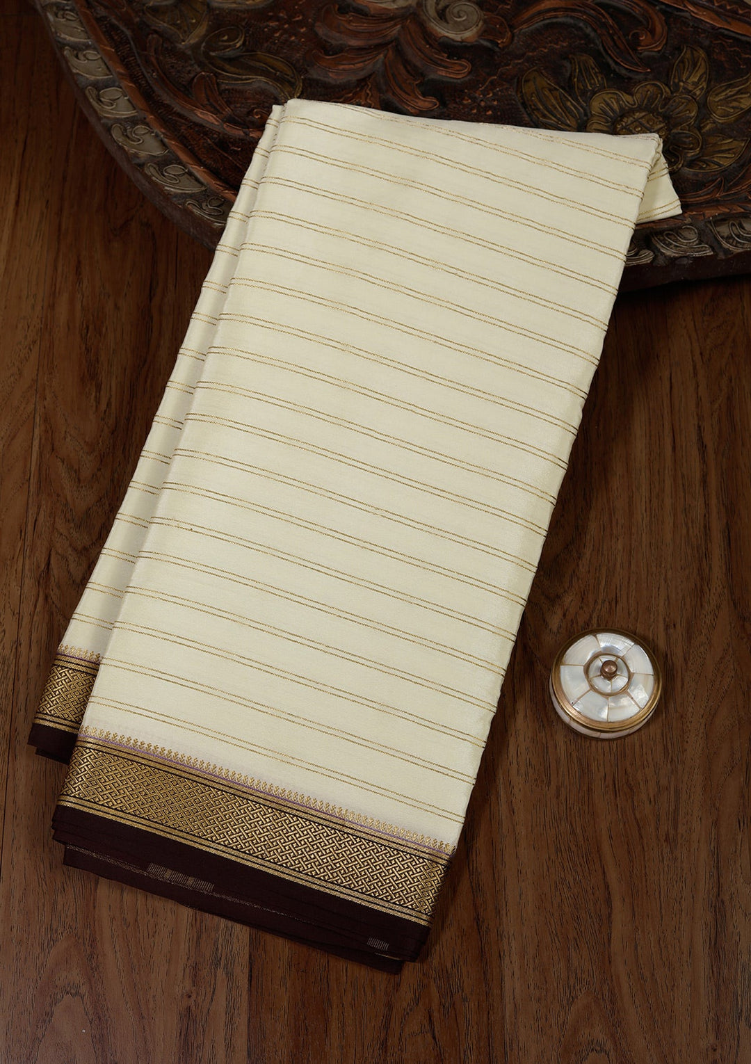 Cream Zariwork Pure Crepe Silk Saree_koskii