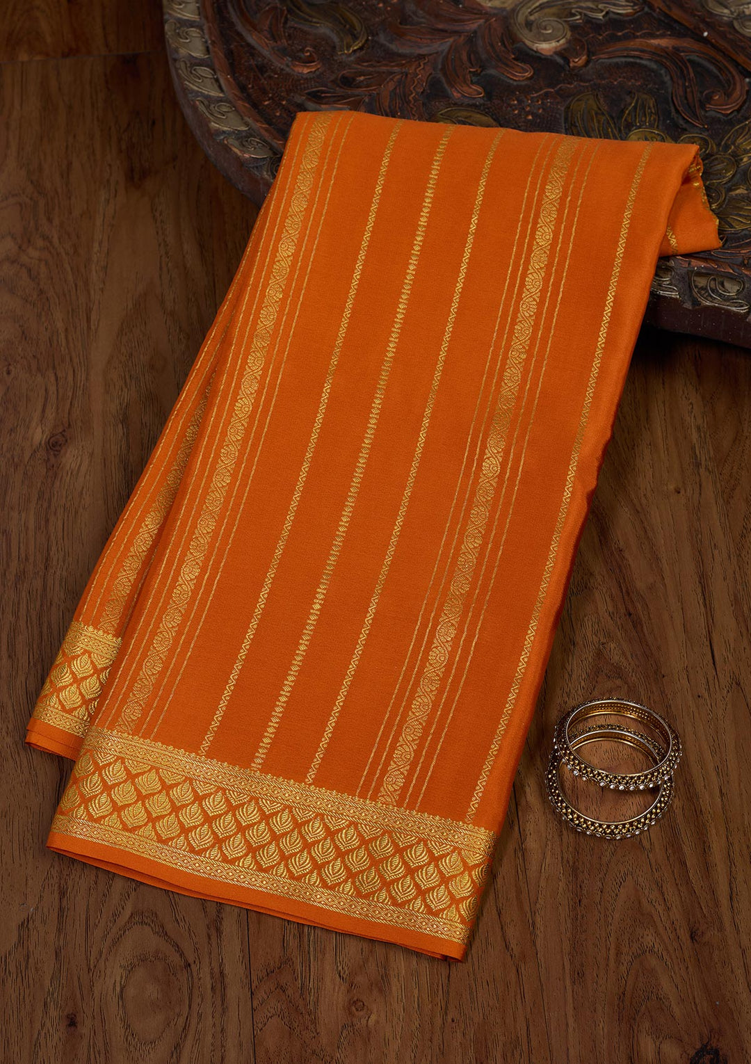 Orange Zariwork Pure Crepe Silk Saree-Koskii
