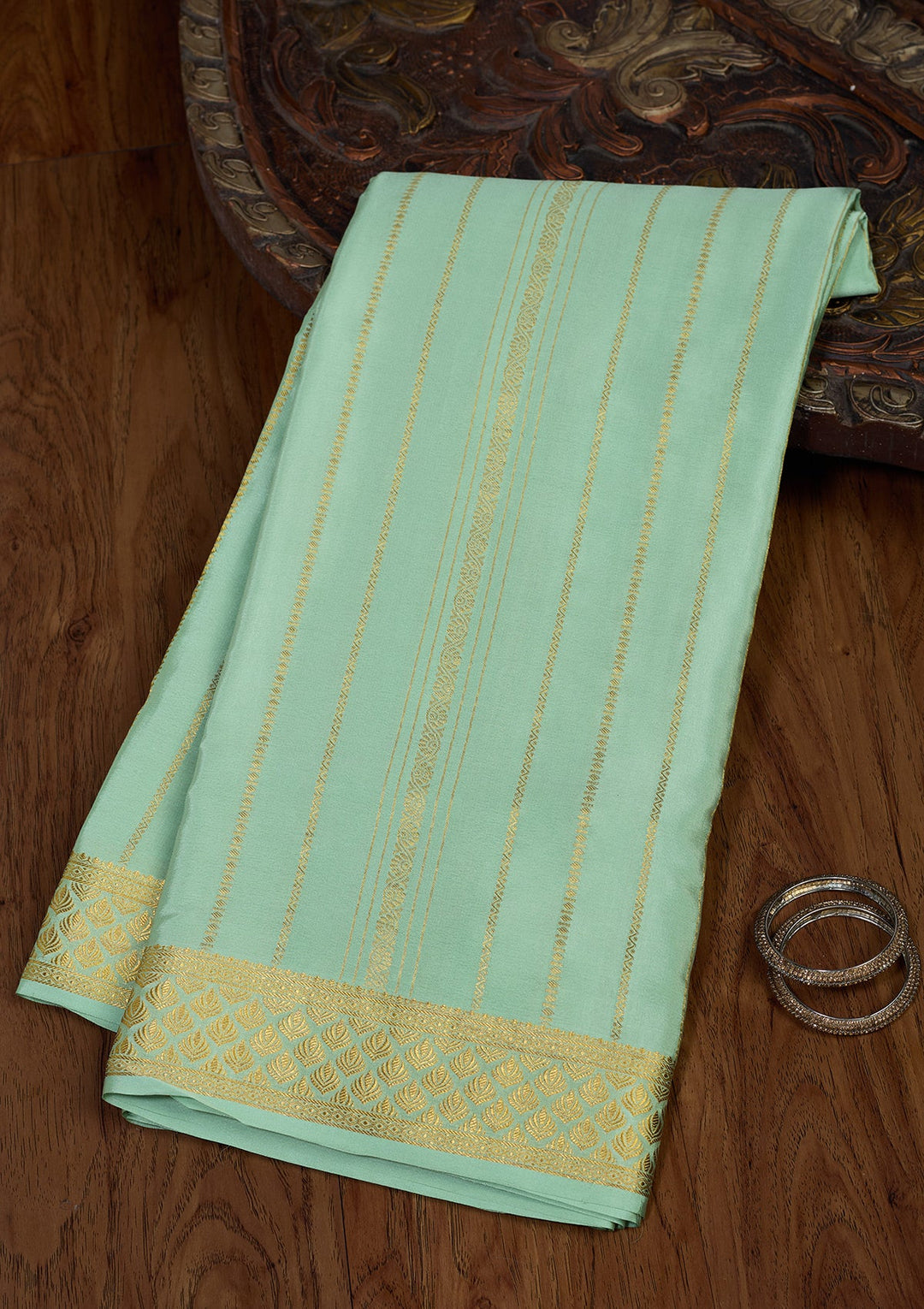 Sea Green Zariwork Pure Crepe Silk Saree-Koskii