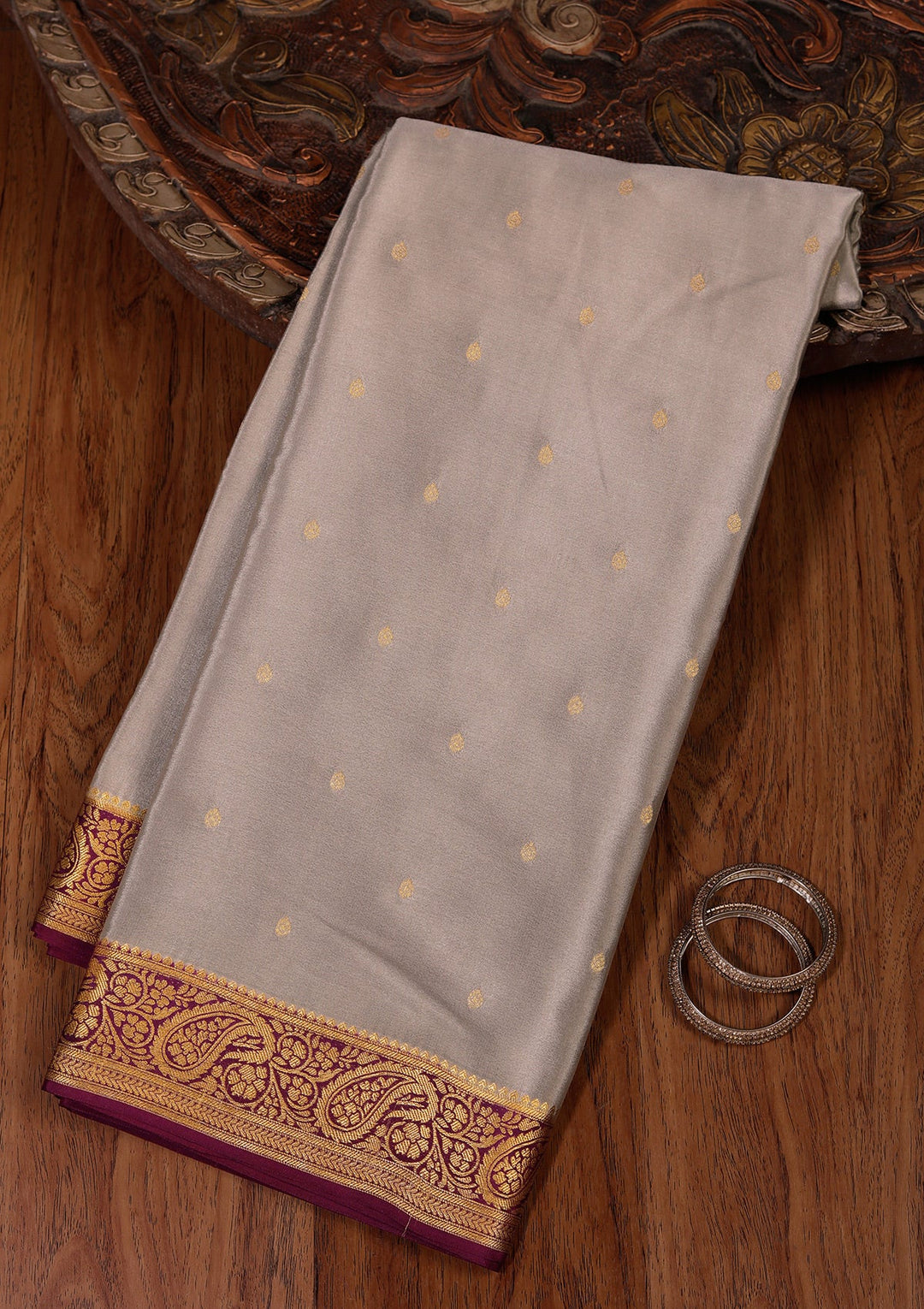 Light Grey Zariwork Pure Crepe Silk Saree-koskii