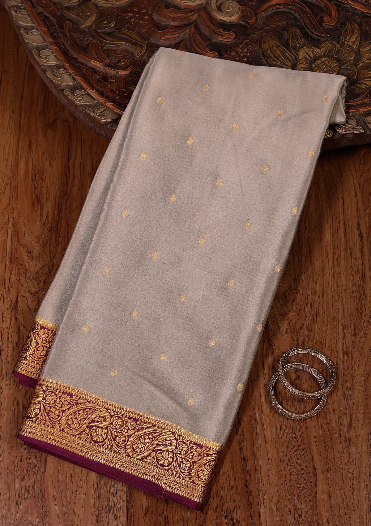 Light Grey Zariwork Pure Crepe Silk Saree-koskii