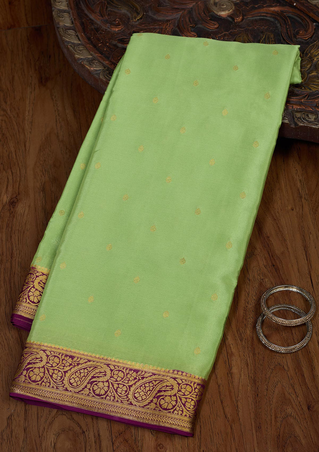 Pista Green Zariwork Pure Crepe Silk Saree-Koskii