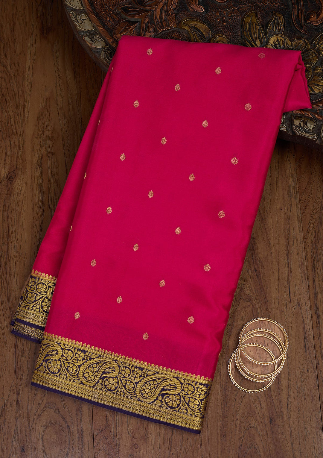Rani Pink Zariwork Pure Crepe Silk_Saree-Koskii