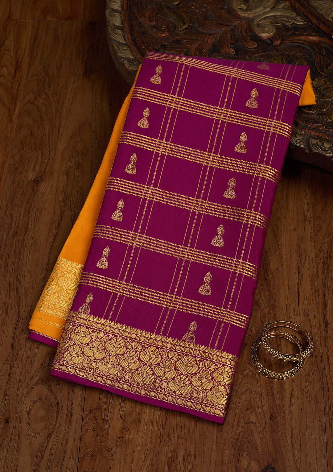 Mustard Zariwork Pure Crepe Silk Saree-Koskii