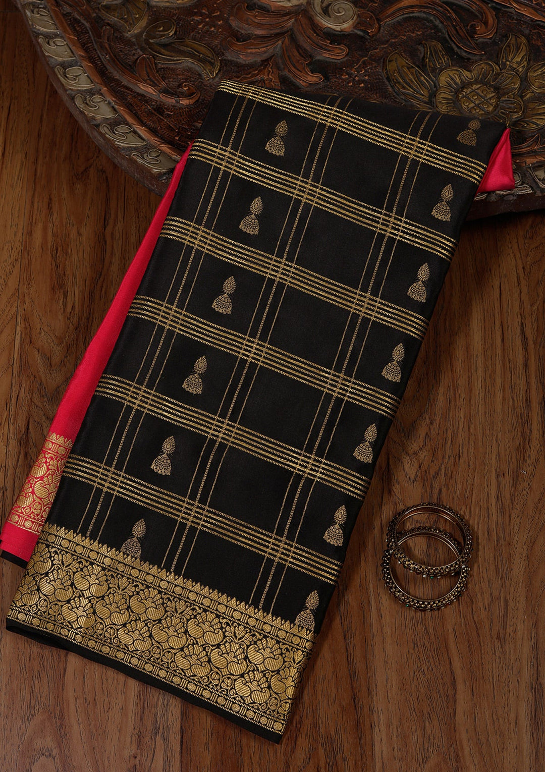Rani Pink Zariwork Pure Crepe Silk Saree_koskii