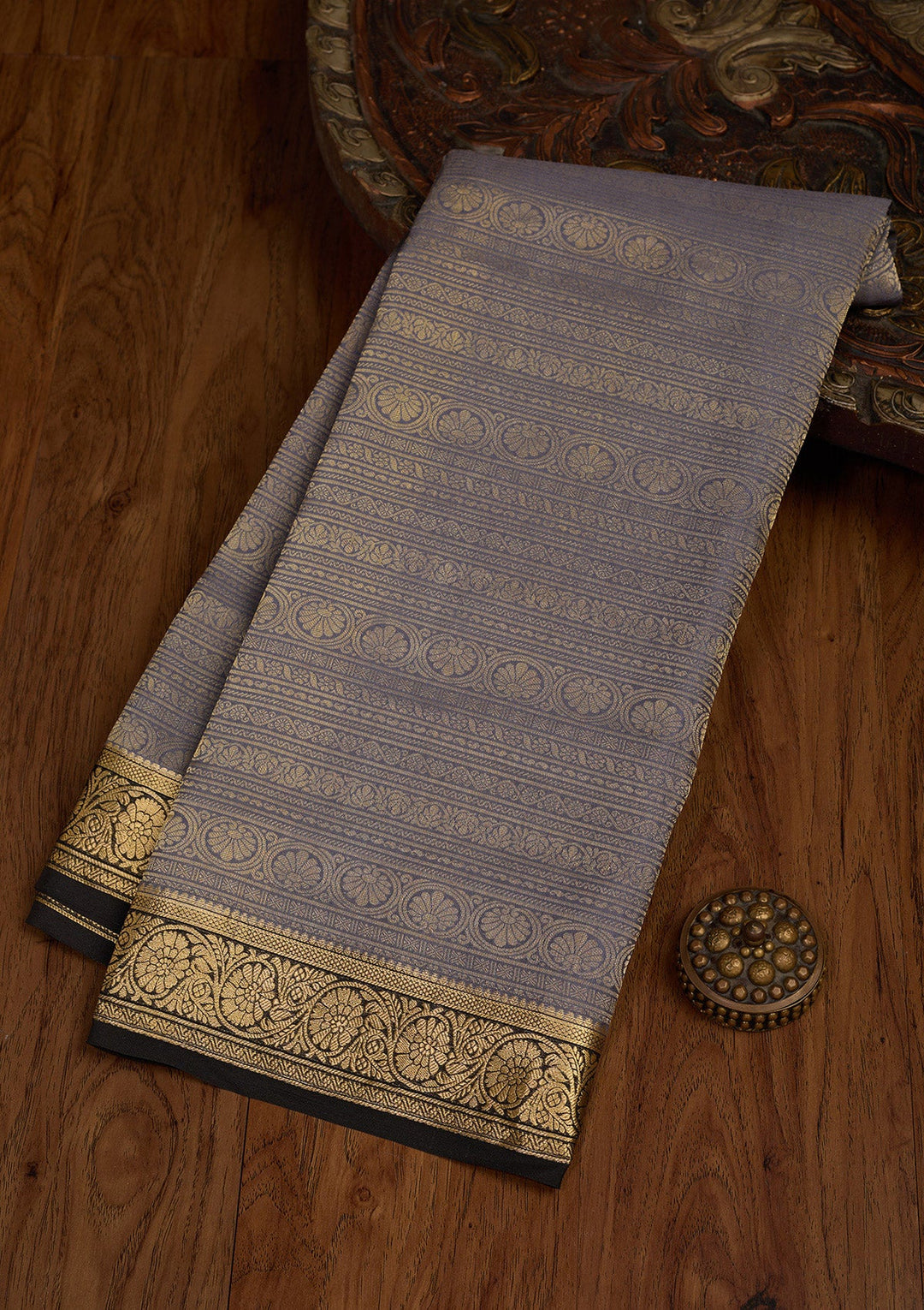 Grey Zariwork Pure Crepe Silk Saree-Koskii