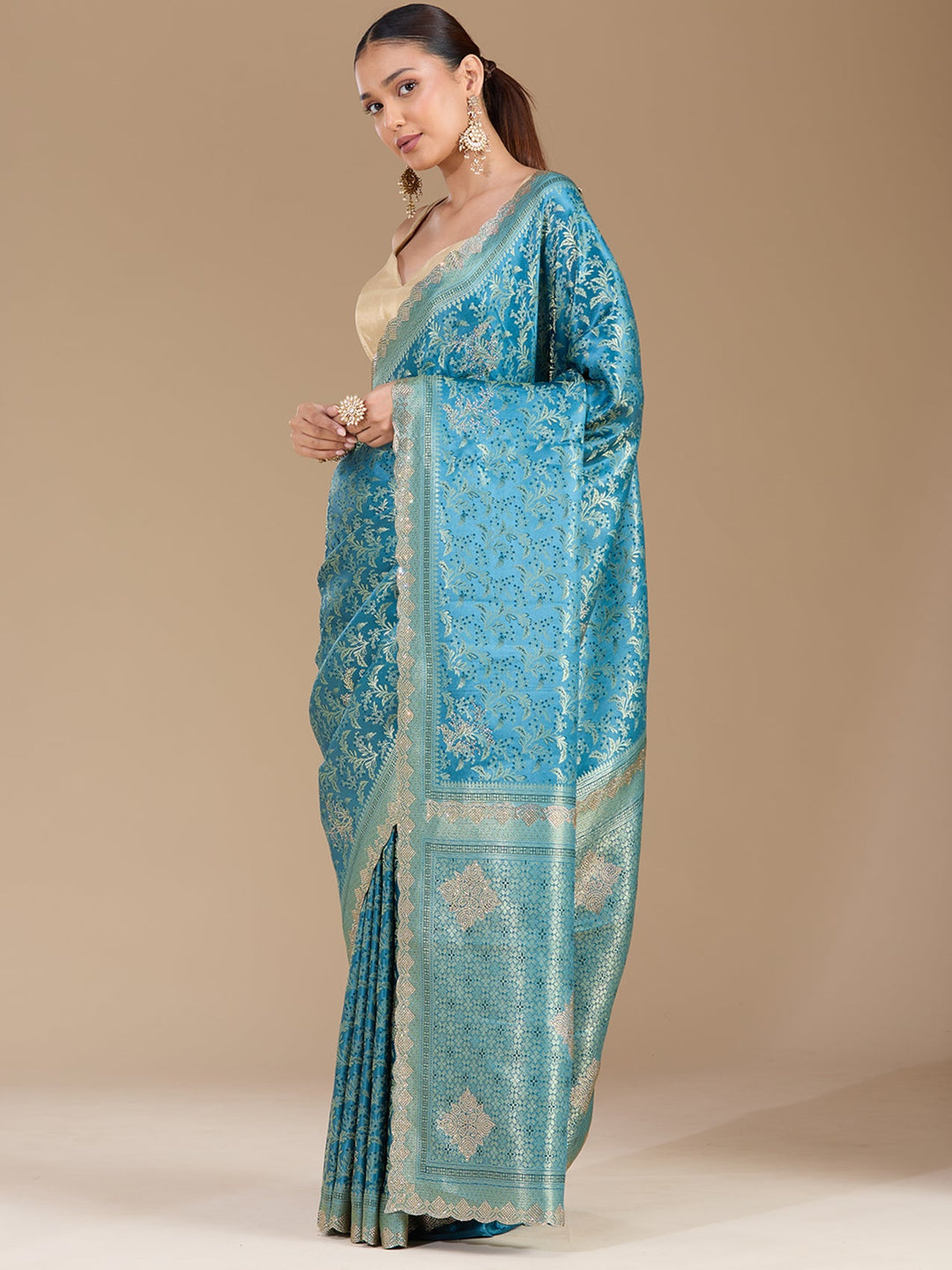 Blue Stonework (Gold) Silk Silk_Saree