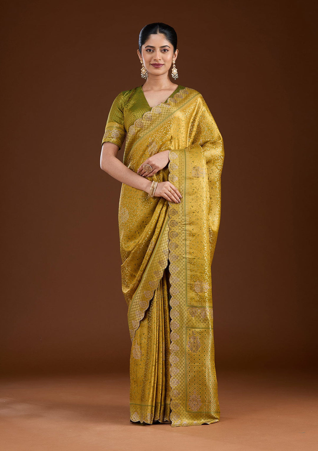 Mustard Stonework (Gold) Silk Saree-koskii