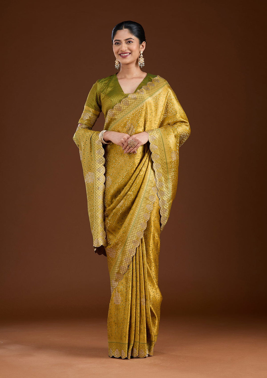 Mustard Stonework (Gold) Silk Saree-koskii