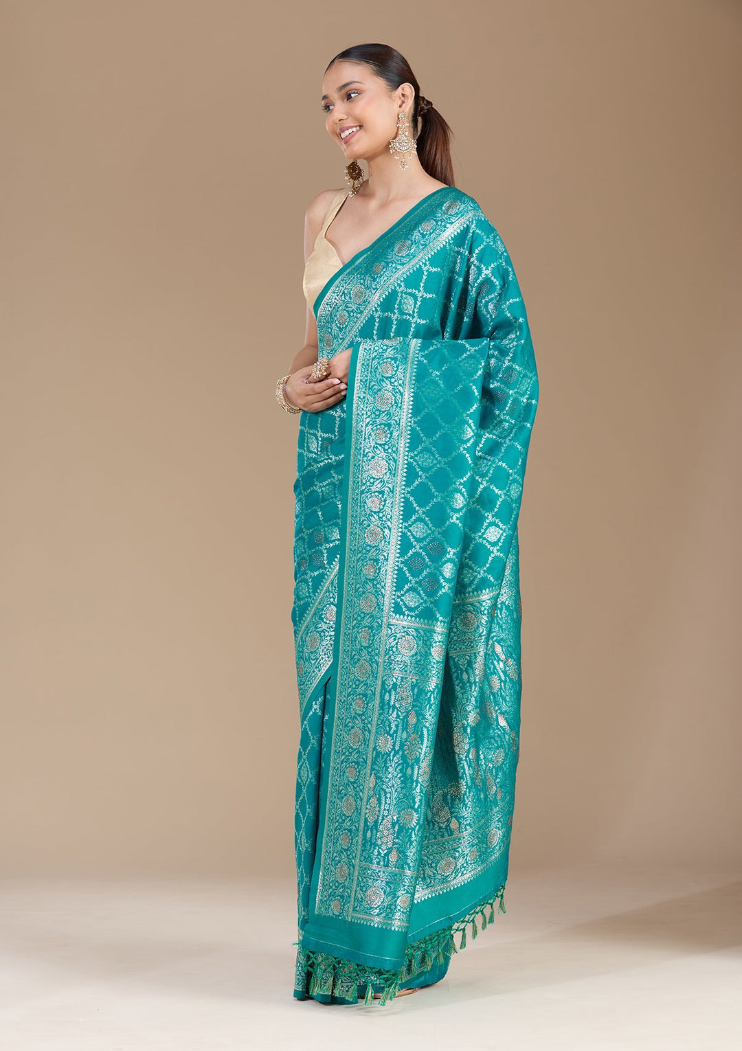 Peacock Green Stonework (Gold) Silk Saree-koskii