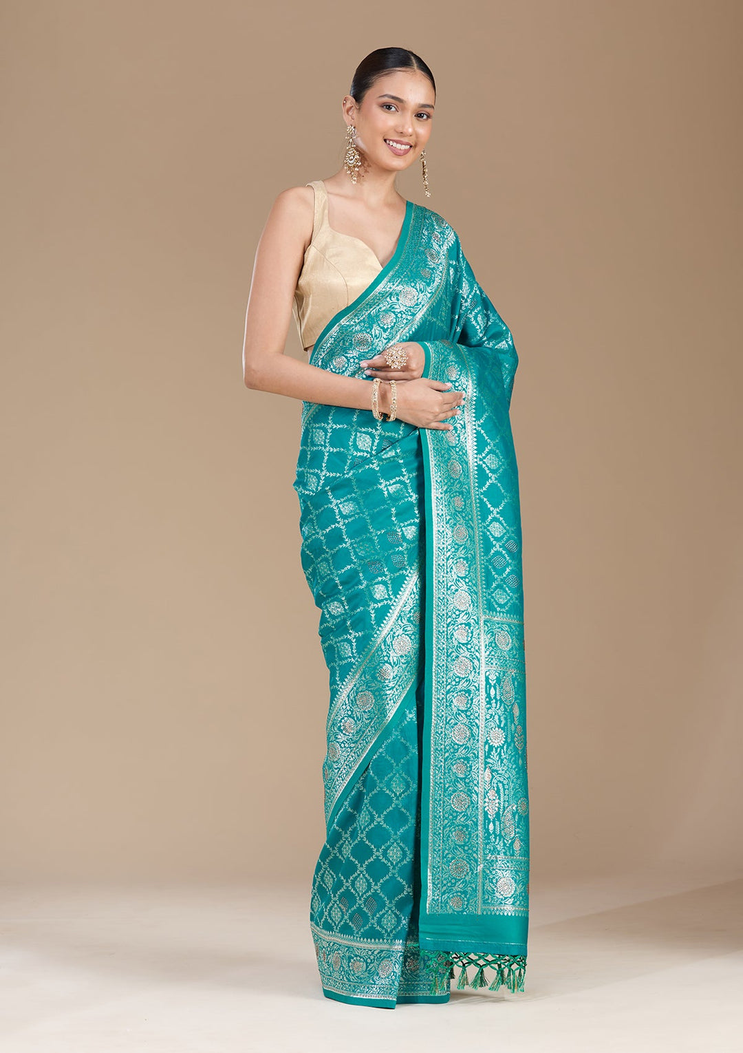 Peacock Green Stonework (Gold) Silk Saree-koskii