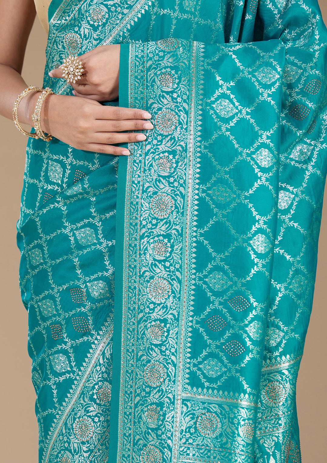 Peacock Green Stonework (Gold) Silk Saree-koskii