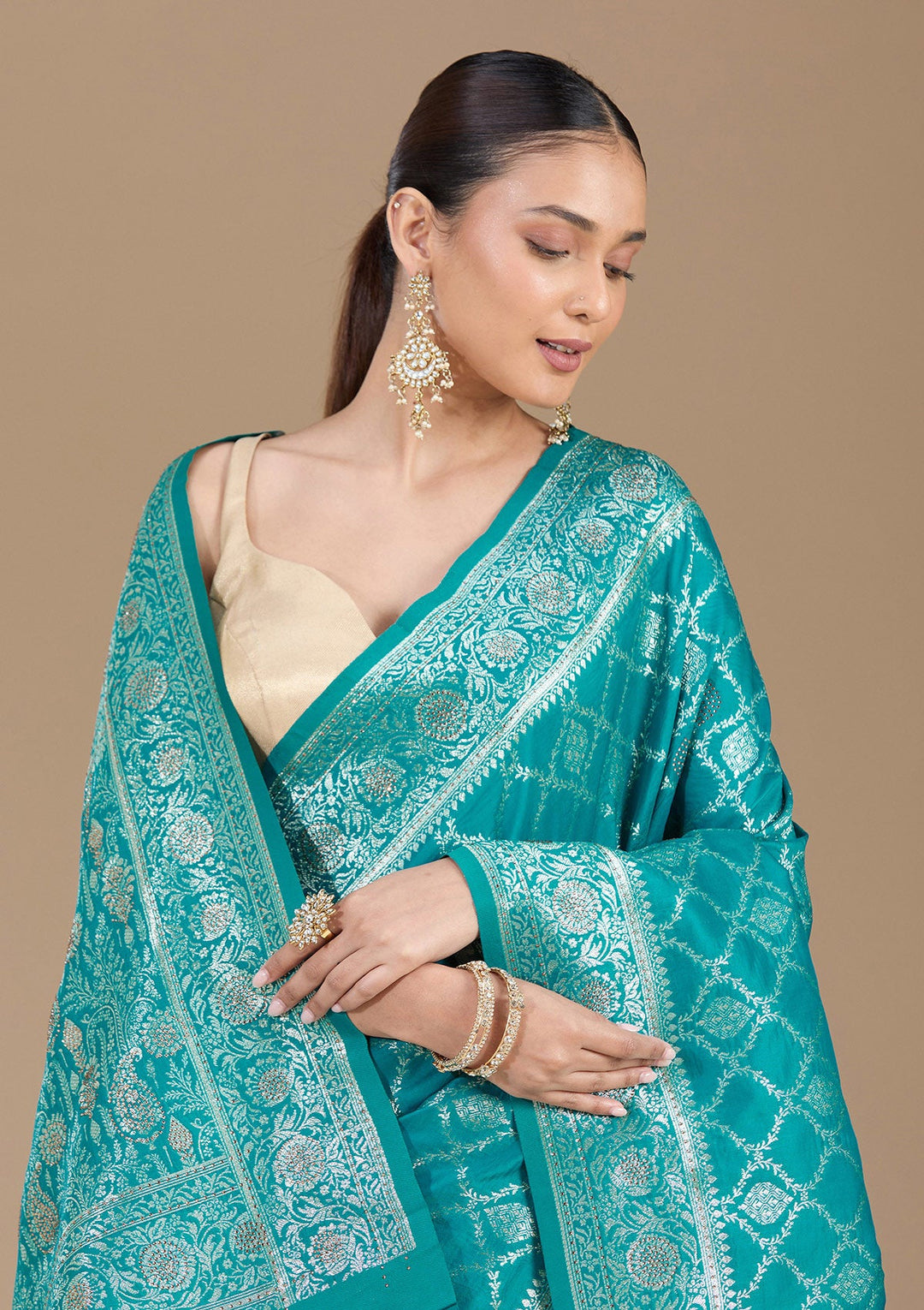 Peacock Green Stonework (Gold) Silk Saree-koskii